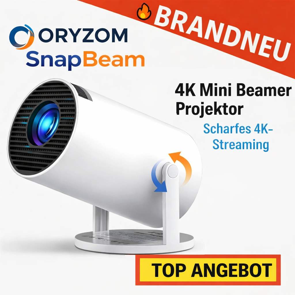Oryzom™ SnapBeam Tragbarer 4K Mini Beamer Projektor WiFi6 Bluetooth 5 Android TV