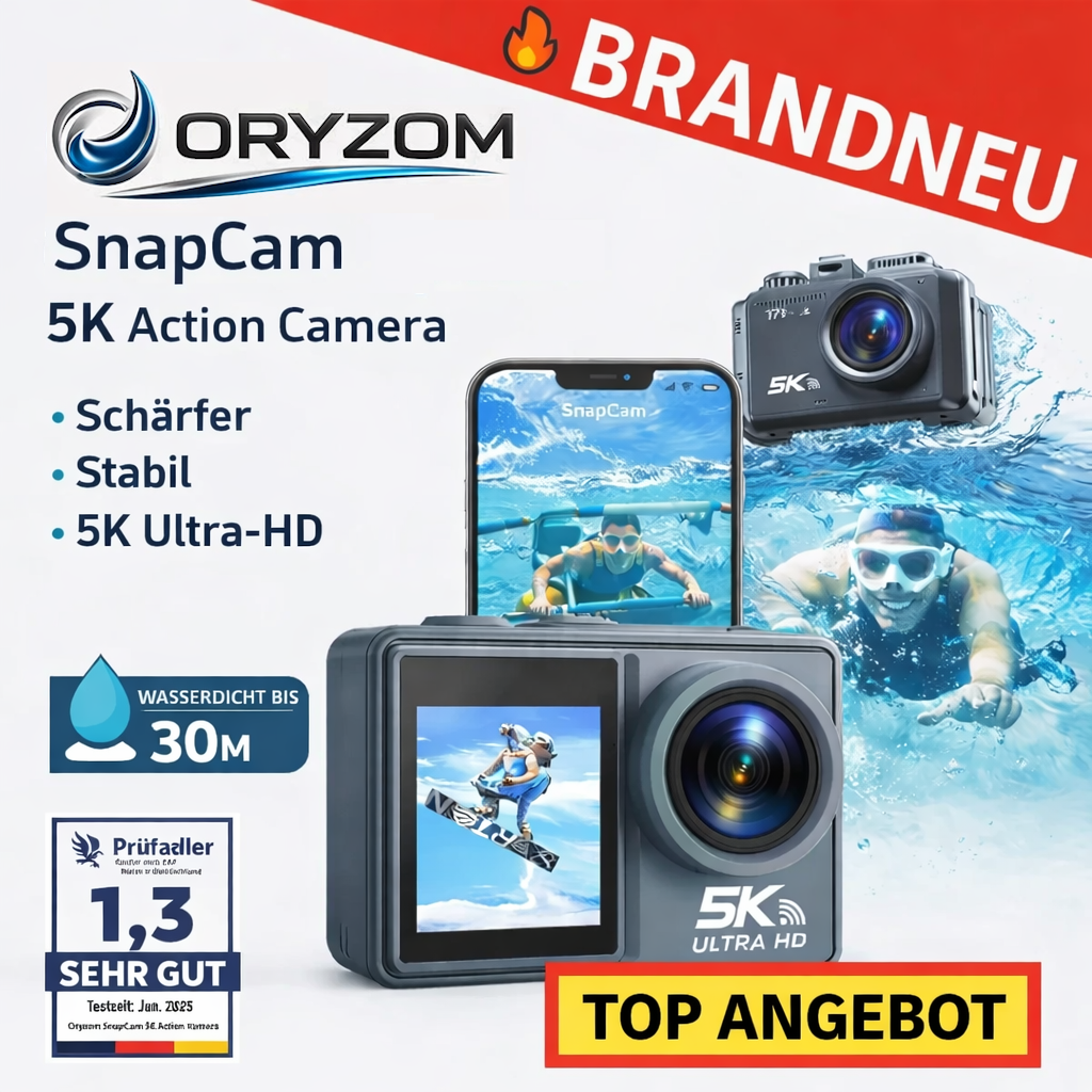 Oryzom™ SnapCam 5K Action Camera 30MP WiFi Wasserdicht 170° Weitwinkel Kamera