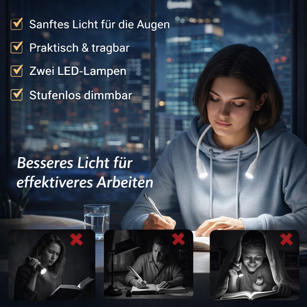 LumiCrealis™ Nackenlampe Umhängelampe Leselampe - perfekt fürs Stricken & Lesen