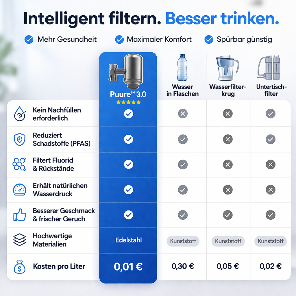 Puure™ 3.0 Wasserhahnfilter Wasserfilter Trinkwasserfilter inkl. 4 Ersatzfilter