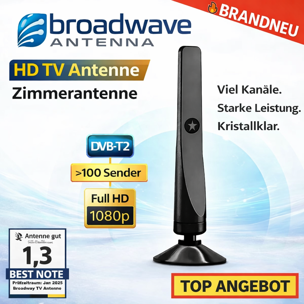 BroadWave™ HD TV Antenne Zimmerantenne DVB-T2 100+ Sender Rewave 1080p Original