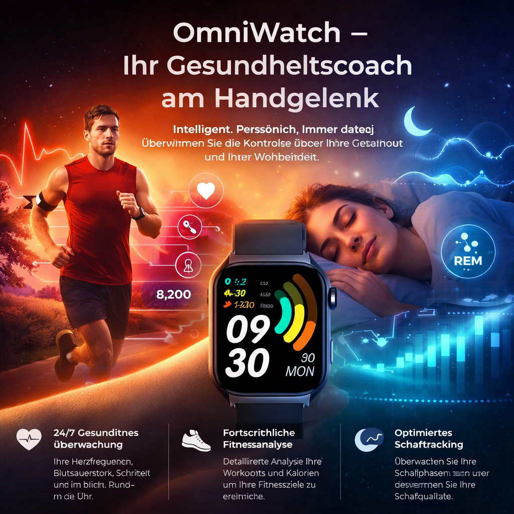 OmniWatch™ Smartwatch Fitness Tracker Puls Blutdruck SpO2 Schlaf Sport Uhr