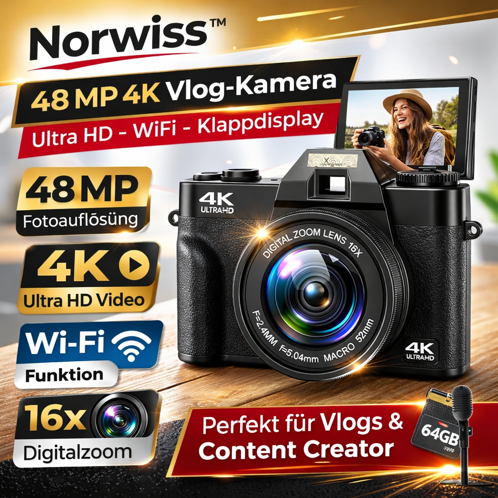 Norwiss™ Digitalkamera 48MP 4K Vlog Kamera WiFi 16X Zoom Klappdisplay HD Cam