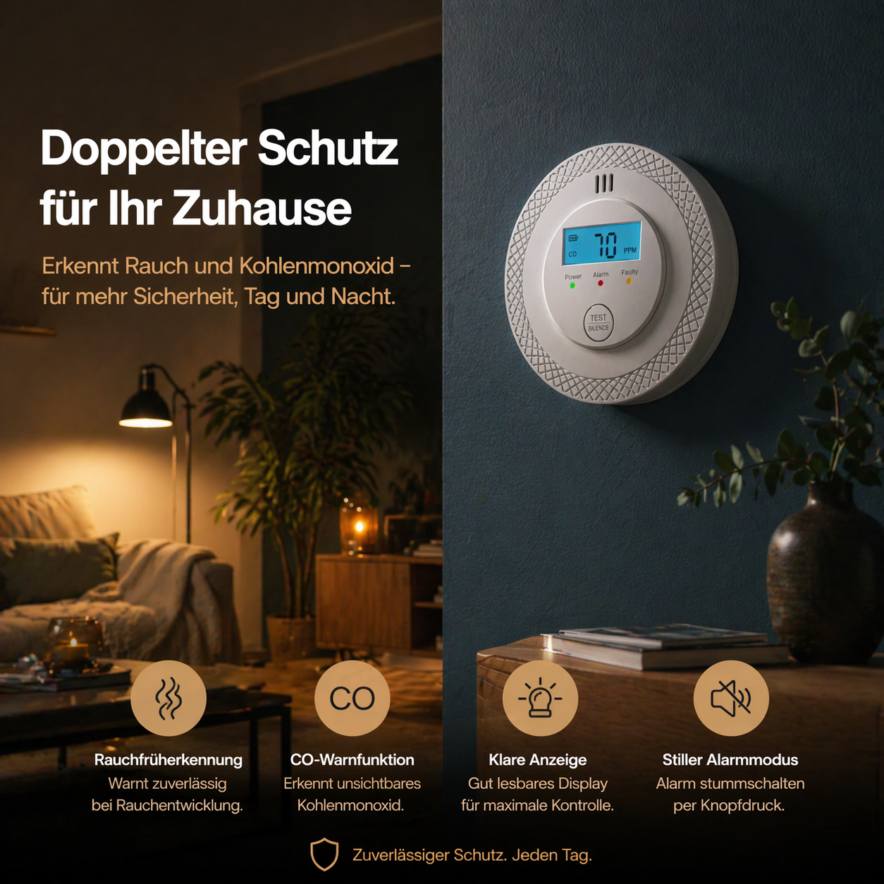 COalarm™ KombiSensor Rauchmelder CO Melder Feuermelder Kohlenmonoxid 2in1 120dB