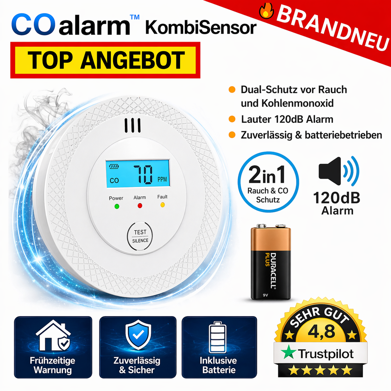 COalarm™ KombiSensor Rauchmelder CO Melder Feuermelder Kohlenmonoxid 2in1 120dB