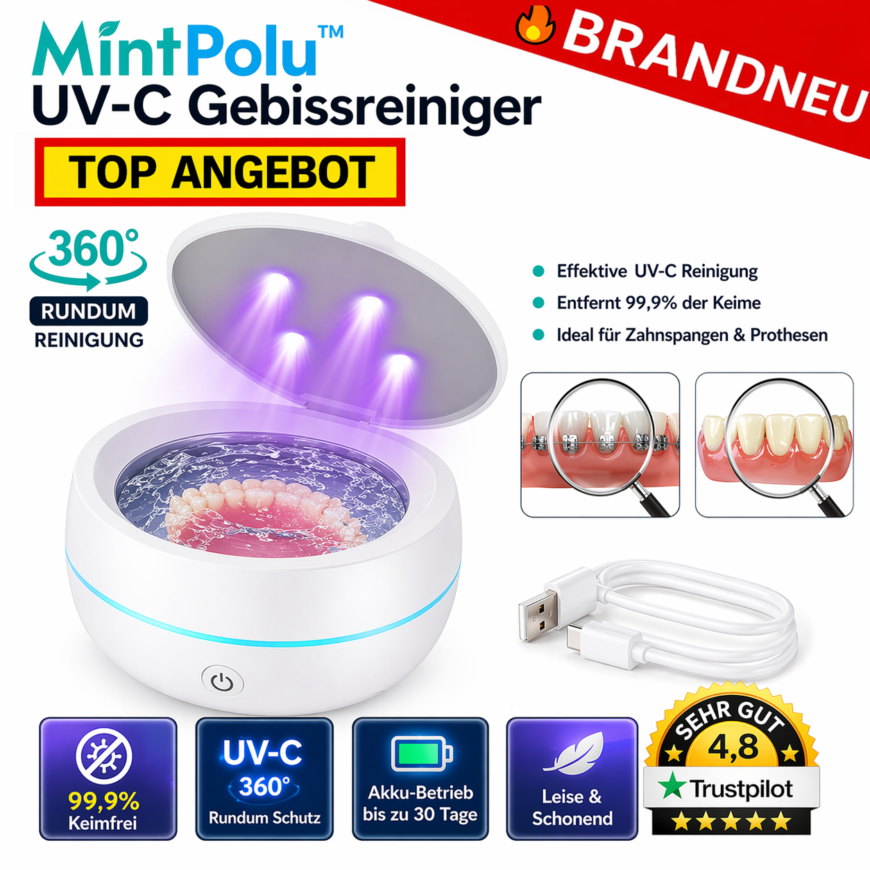 MintPolu™ UV-C Gebissreiniger für Zahnspangen & Zahnprothesen mit Akku 360°