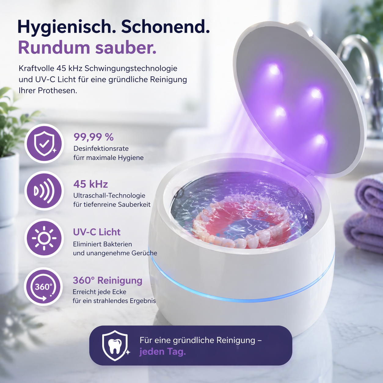 MintPolu™ UV-C Gebissreiniger für Zahnspangen & Zahnprothesen mit Akku 360°