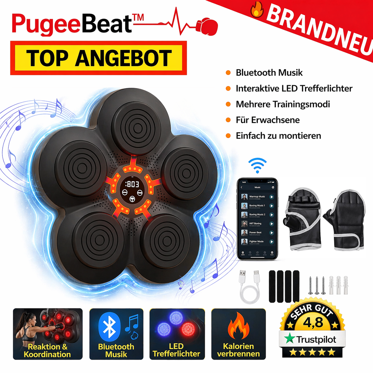 PugeeBeat™ Musik Boxmaschine Bluetooth LED Smart Boxing Trainer Wand Erwachsene