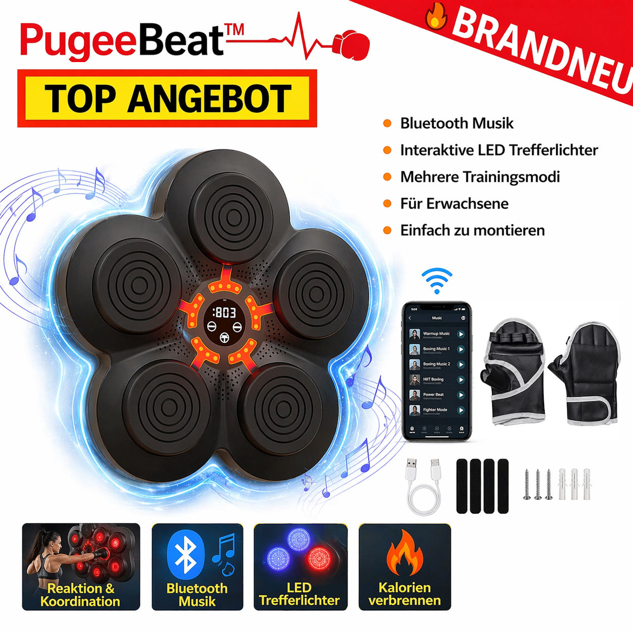 PugeeBeat™ Musik Boxmaschine Bluetooth LED Smart Boxing Trainer Wand Erwachsene