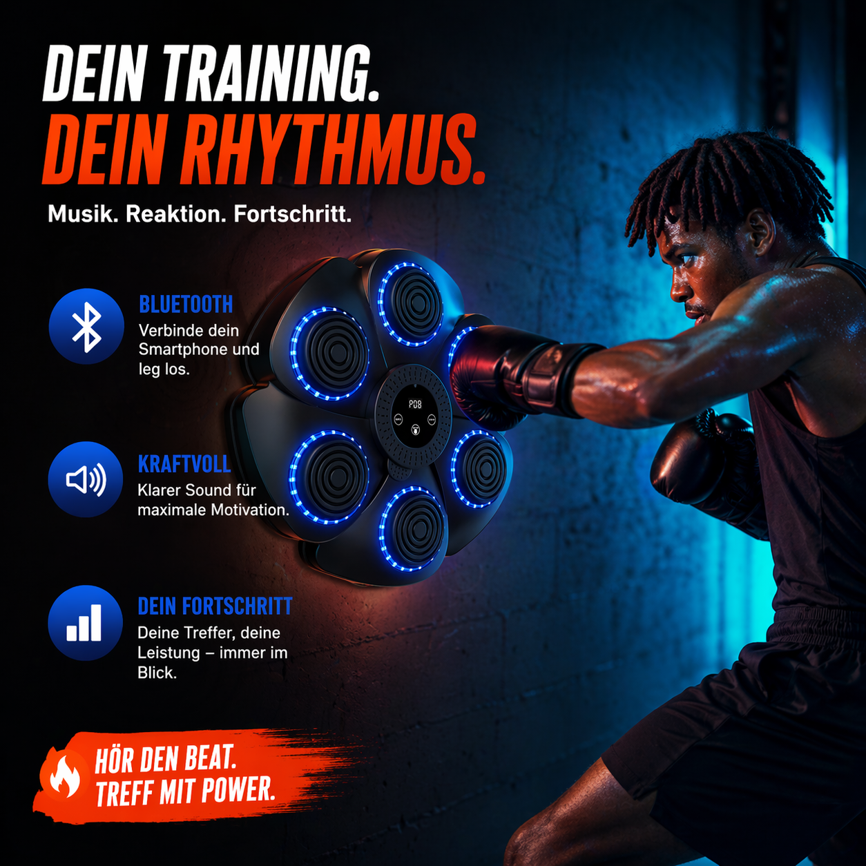 PugeeBeat™ Musik Boxmaschine Bluetooth LED Smart Boxing Trainer Wand Erwachsene