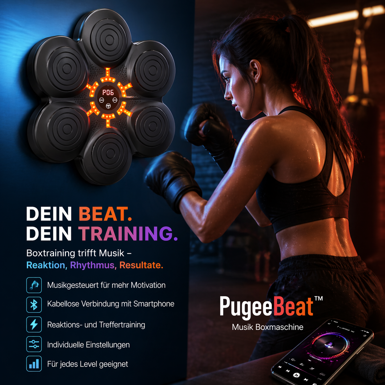 PugeeBeat™ Musik Boxmaschine Bluetooth LED Smart Boxing Trainer Wand Erwachsene