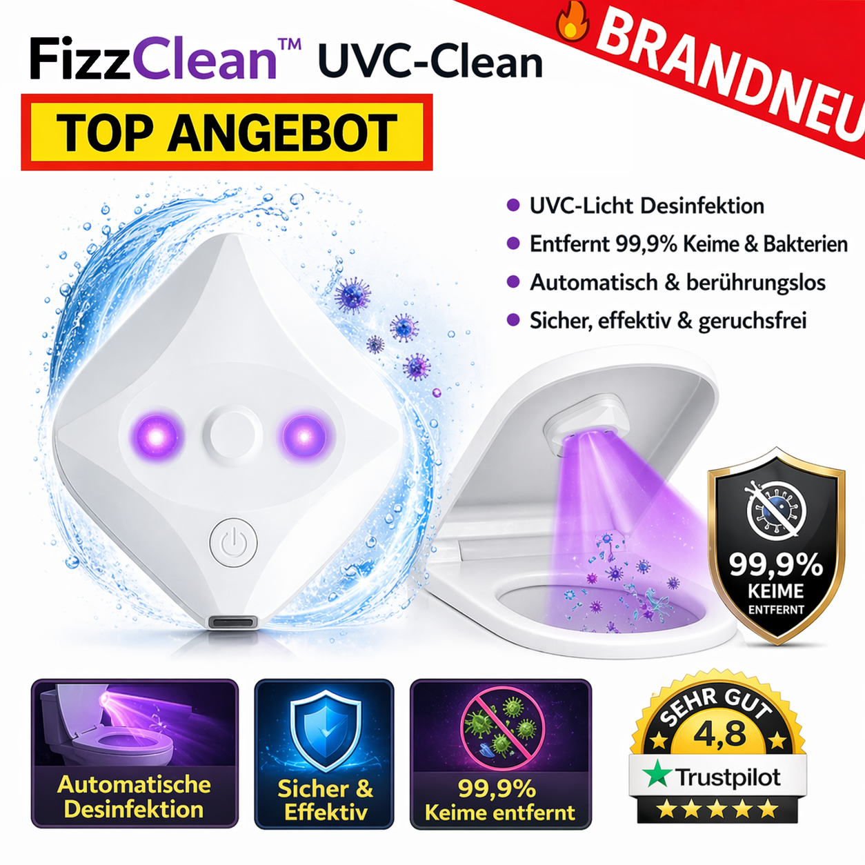 FizzClean™ UVC-Clean Toilettenreiniger Lampe Hygiene Licht WC Desinfektion LED