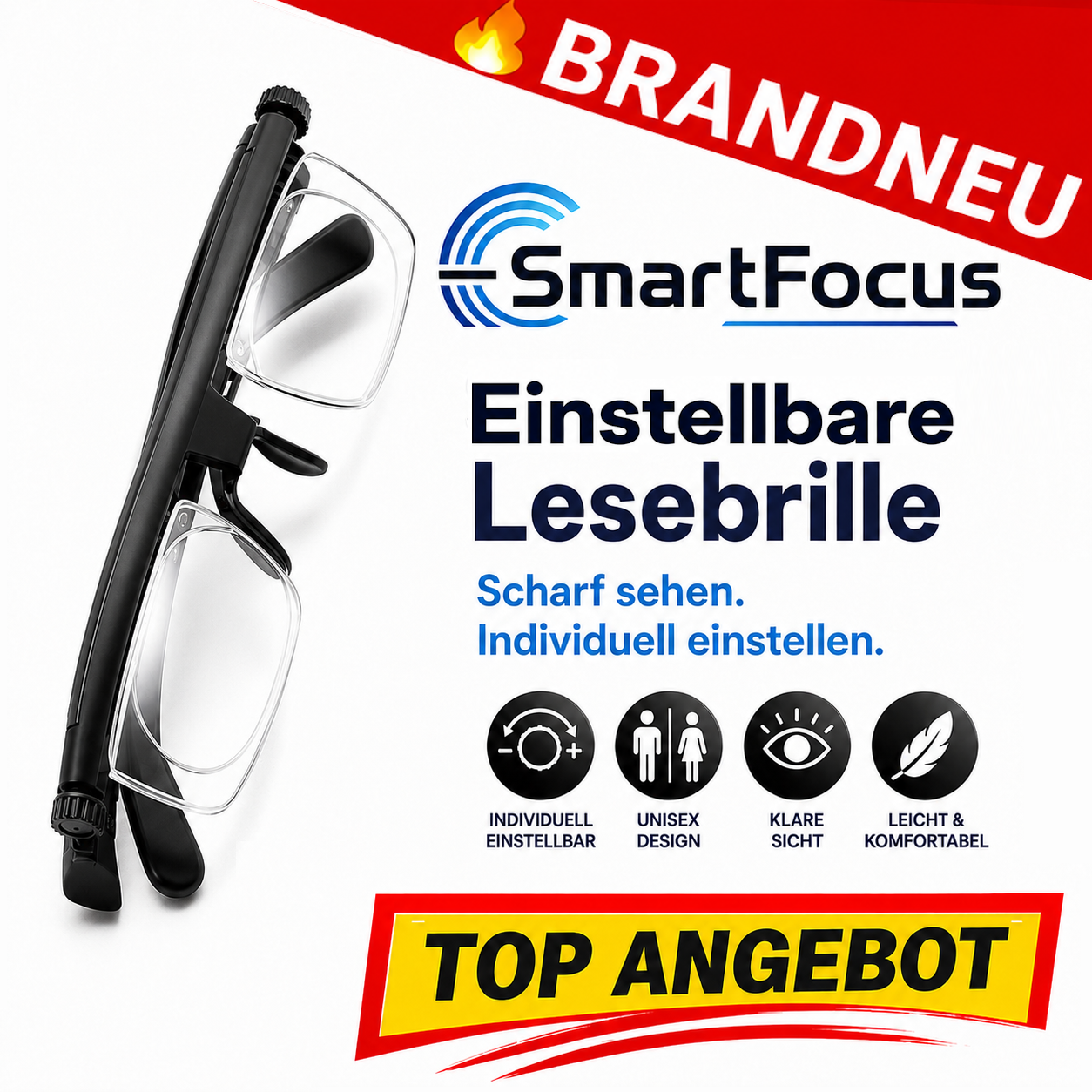 SmartFocus™ Verstellbare Fokus Brille Lesebrille Dioptrien individuell Einstellbar Unisex