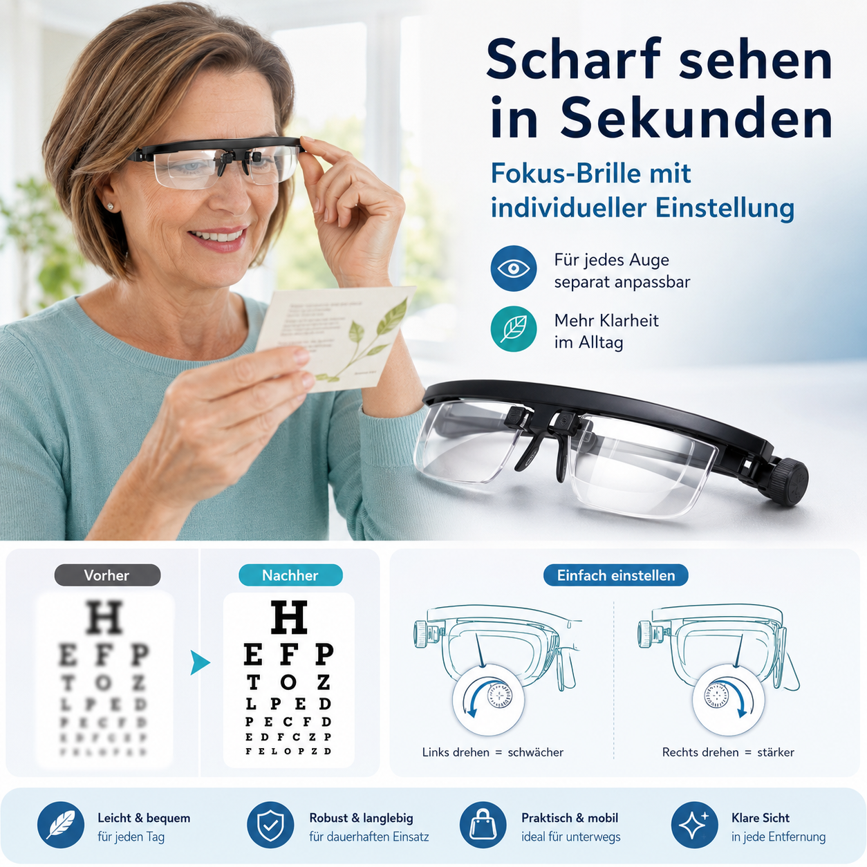 SmartFocus™ Verstellbare Fokus Brille Lesebrille Dioptrien individuell Einstellbar Unisex