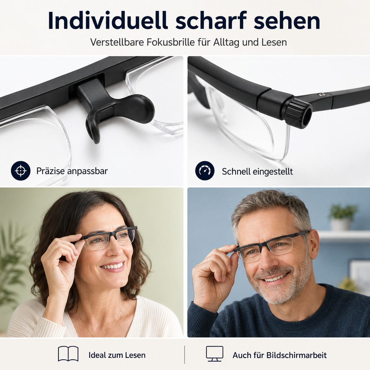 SmartFocus™ Verstellbare Fokus Brille Lesebrille Dioptrien individuell Einstellbar Unisex