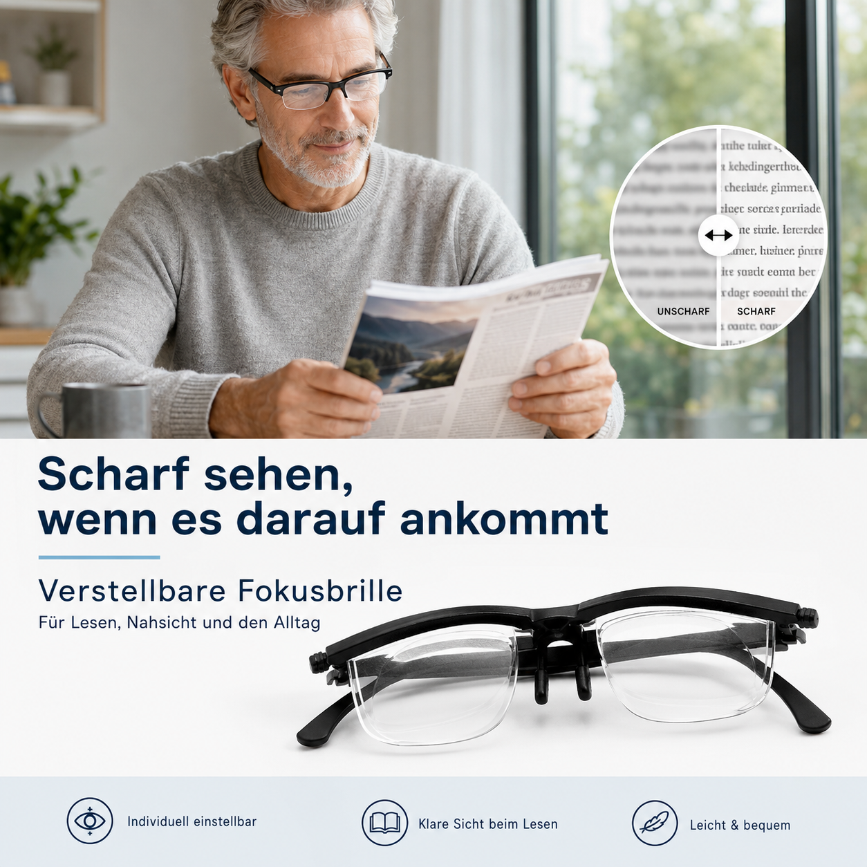SmartFocus™ Verstellbare Fokus Brille Lesebrille Dioptrien individuell Einstellbar Unisex