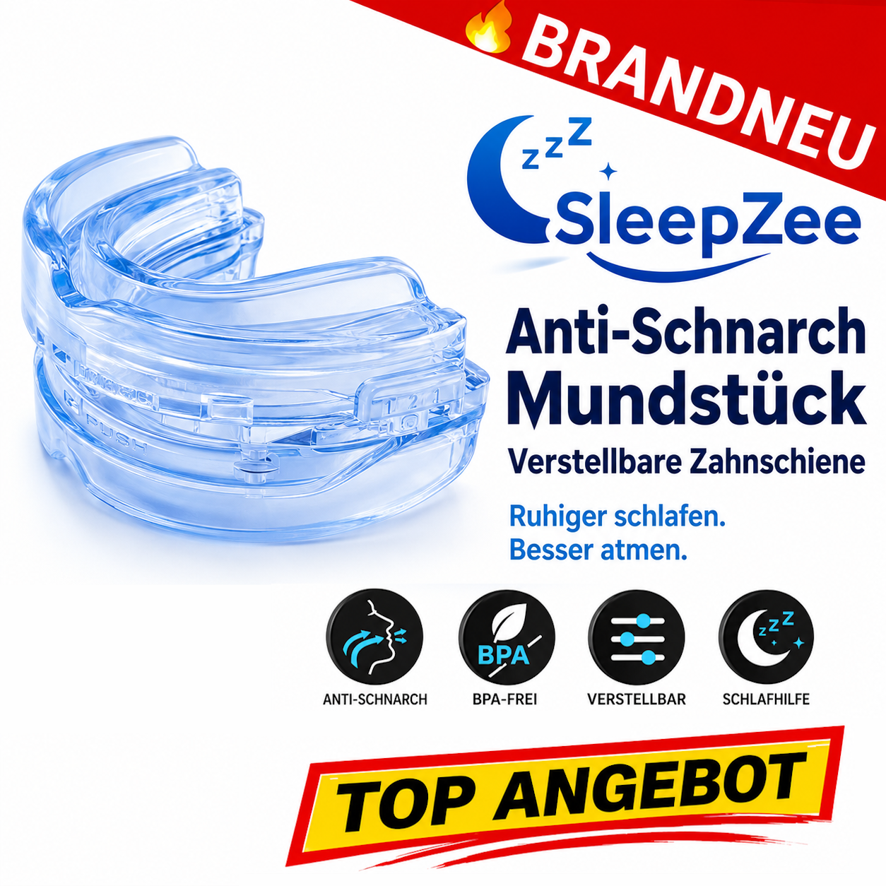 SleepZee™ Anti-Schnarch Mundstück Zahnschiene Schlafhilfe verstellbar BPA-frei