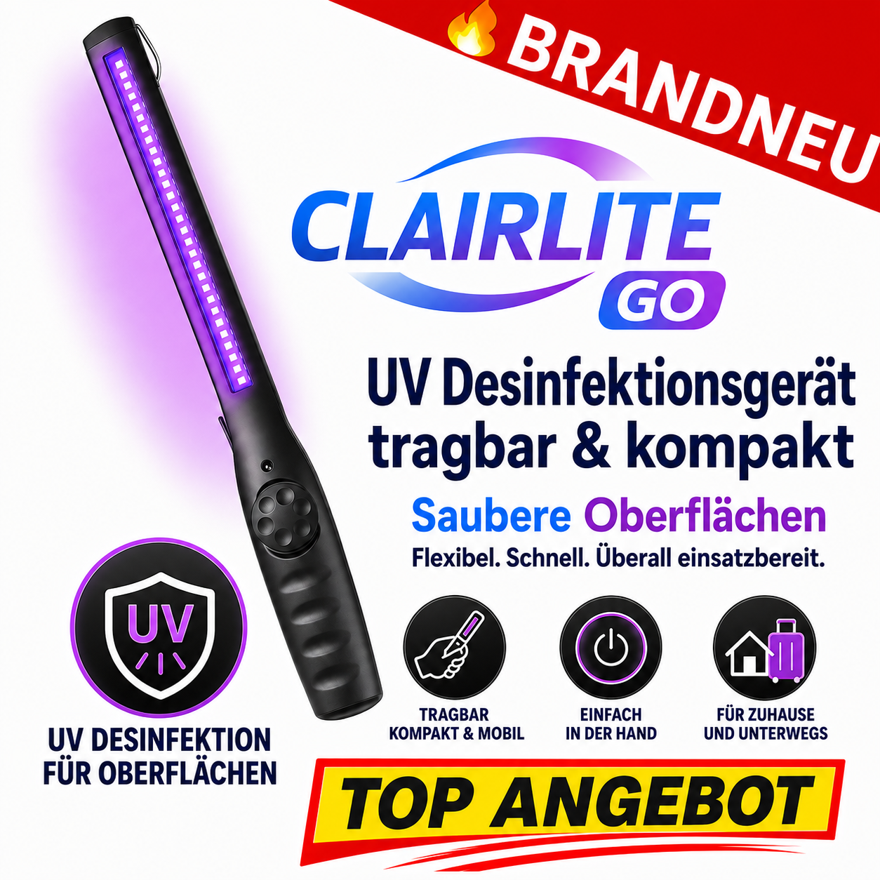 ClairLite™ Go UV Desinfektionsgerät Handlampe Oberflächen tragbar Zuhause LED