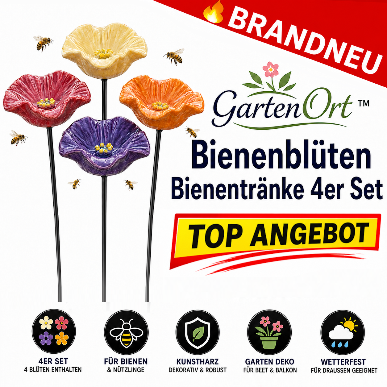 GartenOrt™ Bienenblüten Bienentränke Insektentränke Deko aus Kunstharz 4er Set