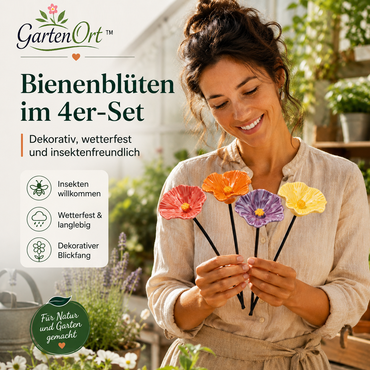 GartenOrt™ Bienenblüten Bienentränke Insektentränke Deko aus Kunstharz 4er Set