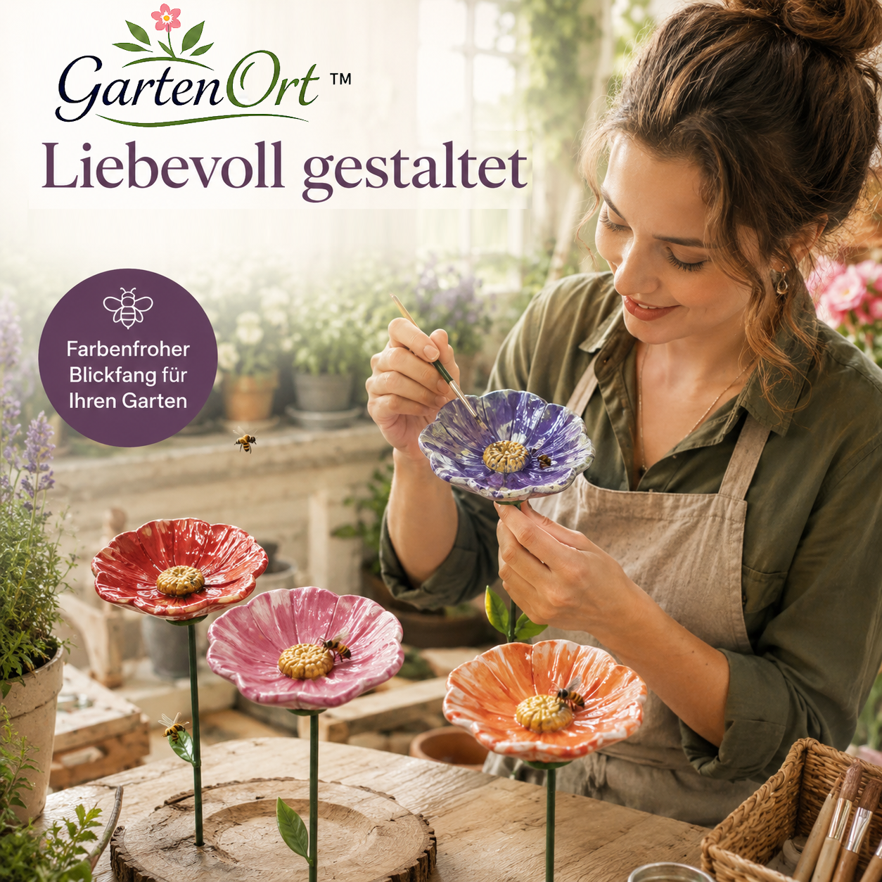 GartenOrt™ Bienenblüten Bienentränke Insektentränke Deko aus Kunstharz 4er Set