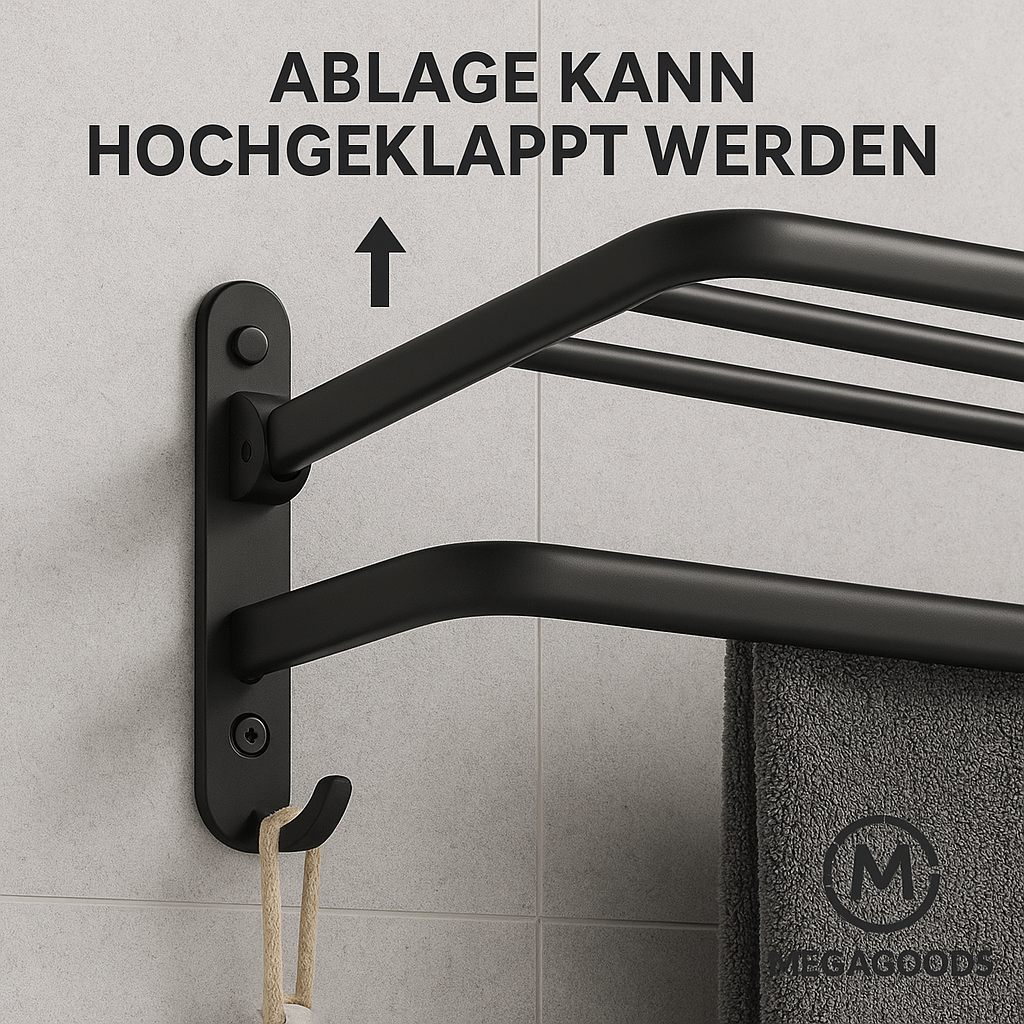 Schwarz matt 50 cm klappbarer Handtuchhalter mit Haken Wandmontage DE.