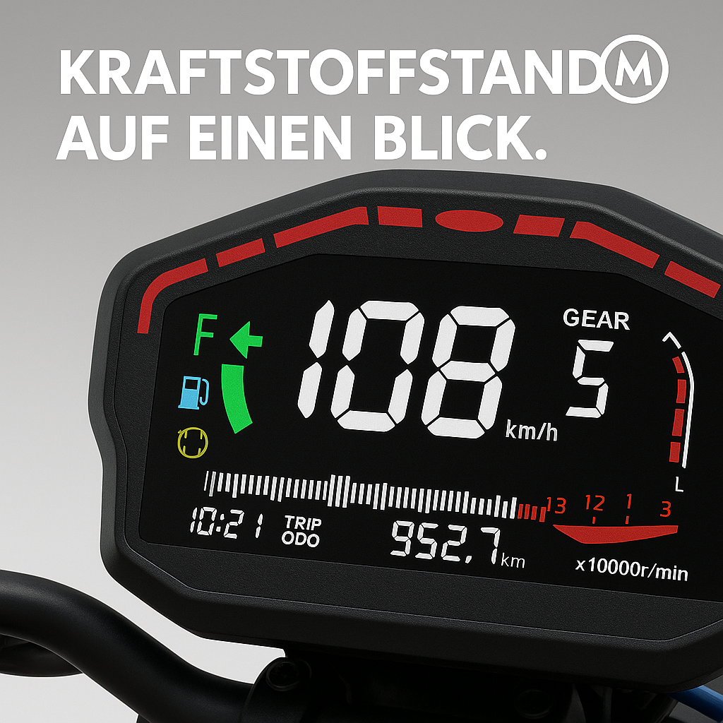Motorrad-Tacho LCD mit Drehzahlmesser und Tankanzeige DE.