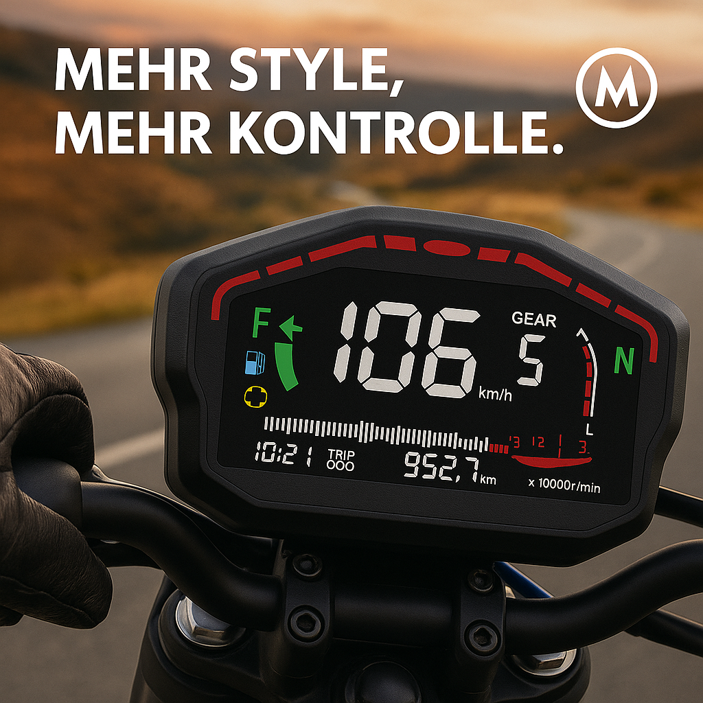 Motorrad-Tacho LCD mit Drehzahlmesser und Tankanzeige DE.
