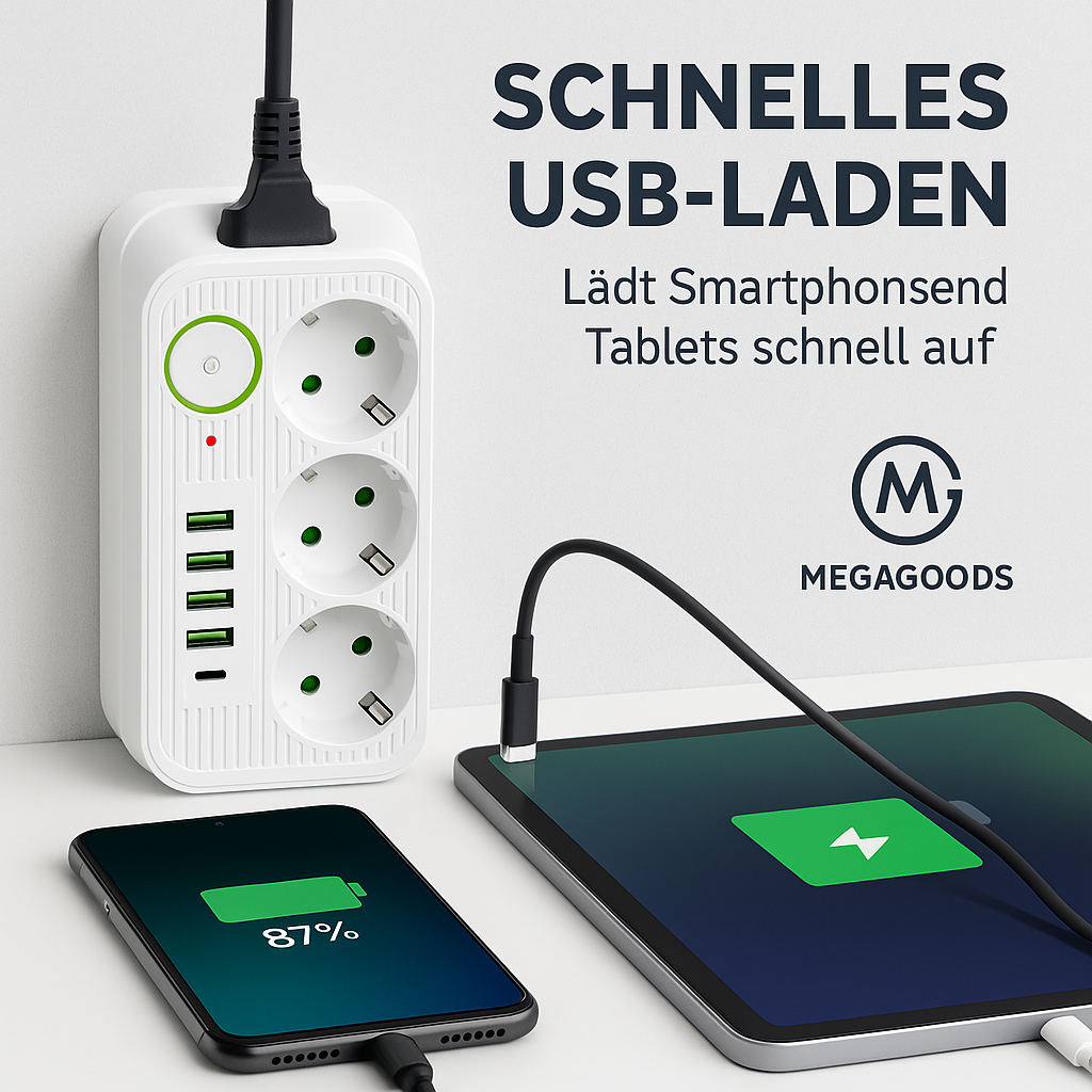 Steckdosenleiste 2/5-fach mit USB-C Schnellladung und Netzfilter DE.