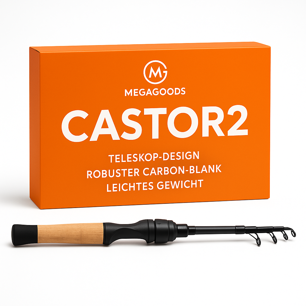 Baitcasting Rute teleskopisch Carbon 8-25 g Holzgriff leicht DE.