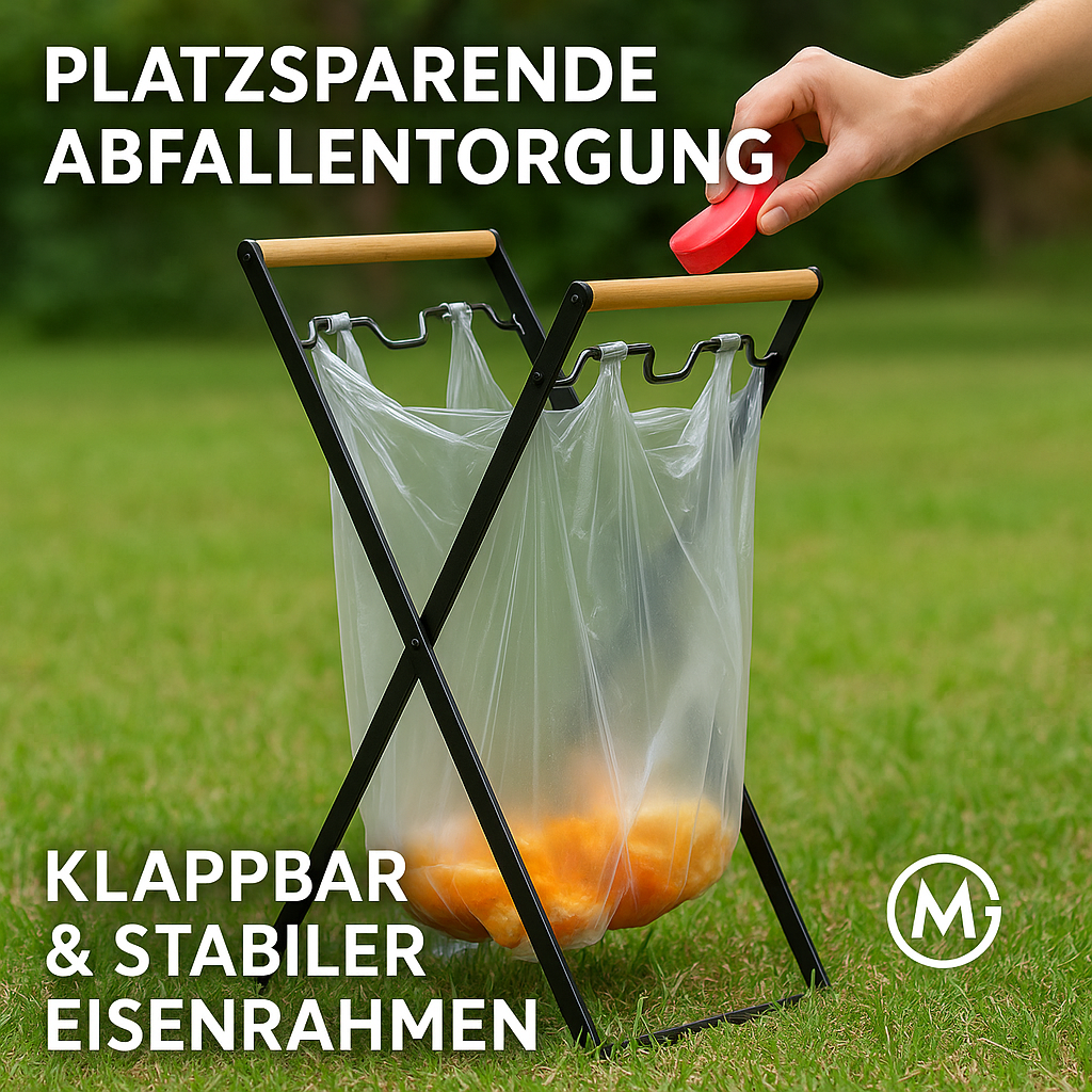 Müllsackhalter klappbar mit Holzgriff Eisen Kunststoff DE.