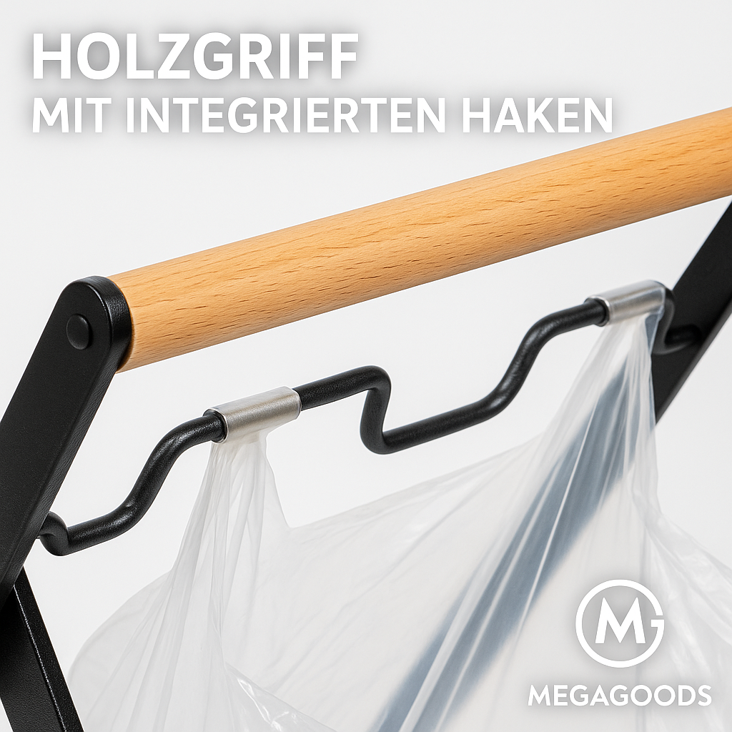 Müllsackhalter klappbar mit Holzgriff Eisen Kunststoff DE.