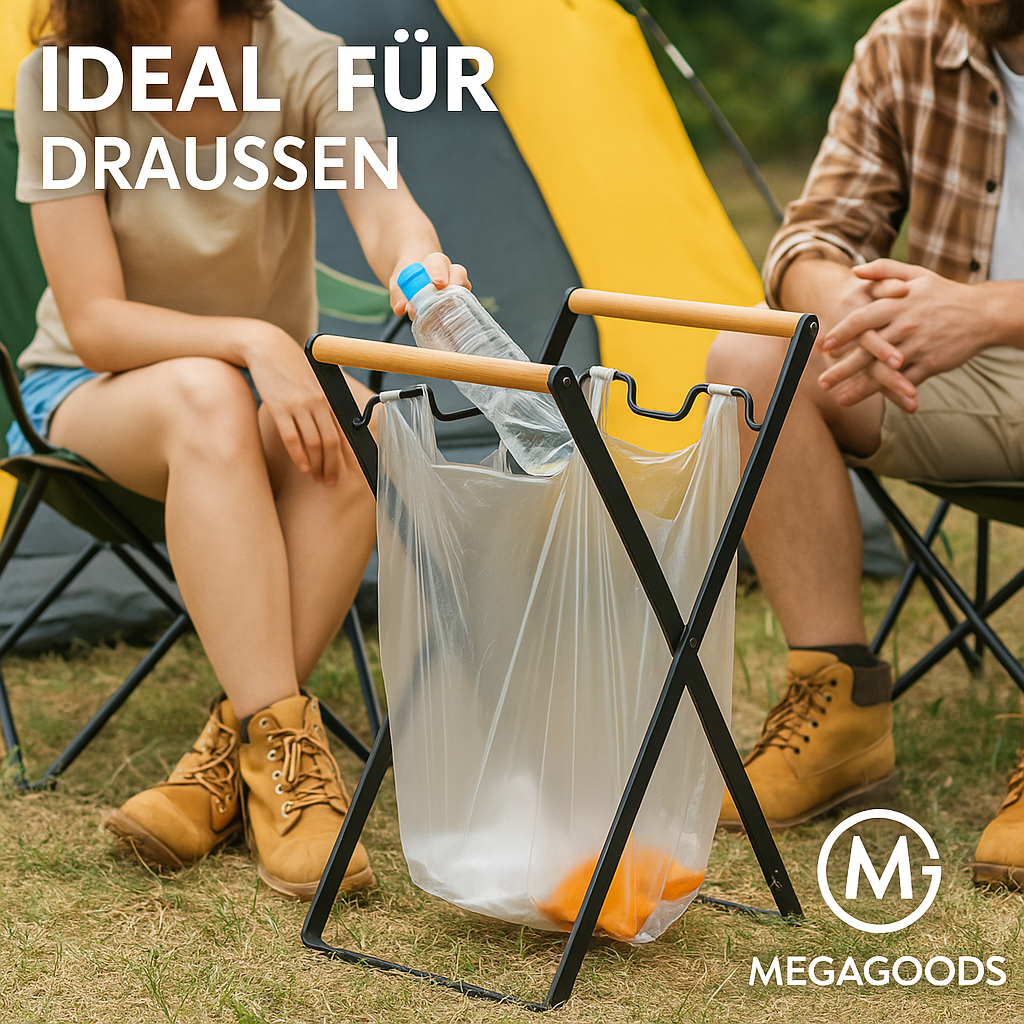 Müllsackhalter klappbar mit Holzgriff Eisen Kunststoff DE.
