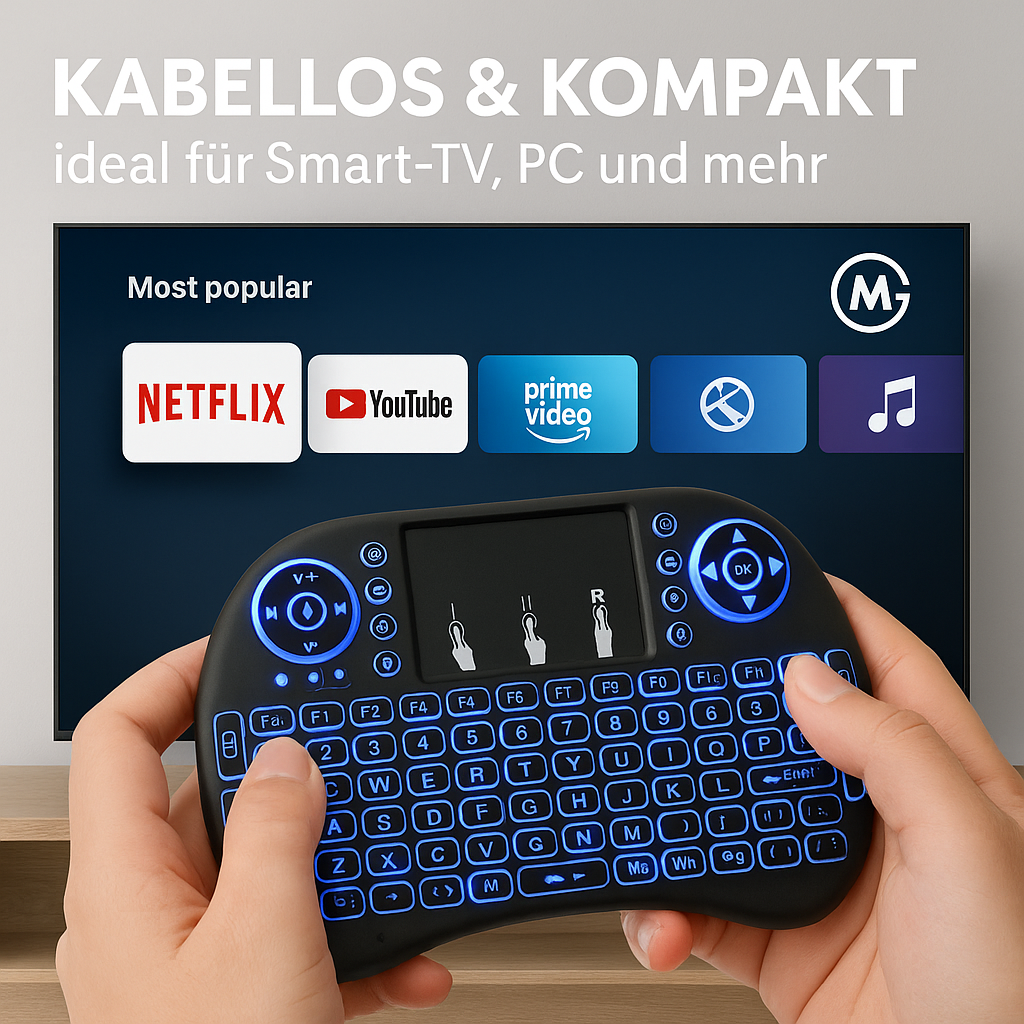 2.4G Air Mouse Touchpad Tastatur i8 beleuchtet PC Android TV DE.