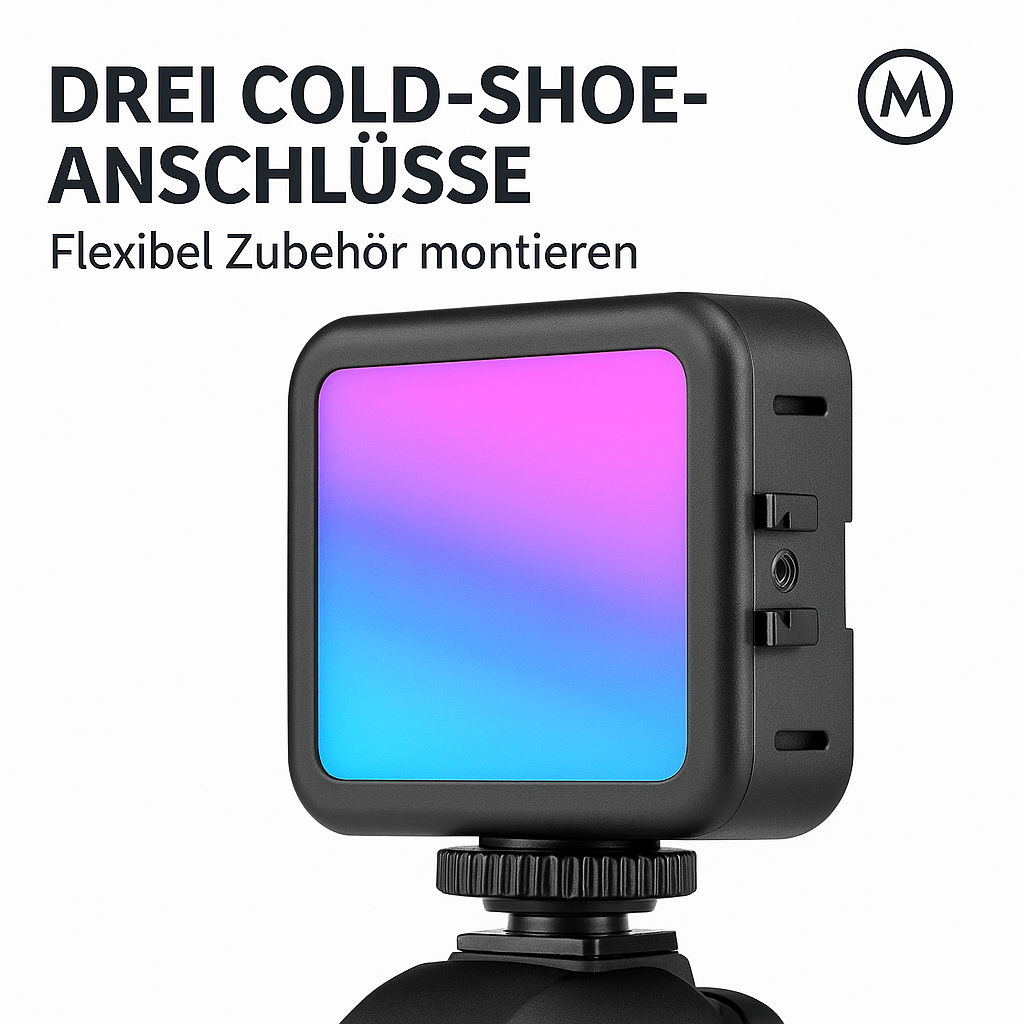 Minifocus RGB LED Videolicht 2500K-7000K 800 LUX mit Akku DE.
