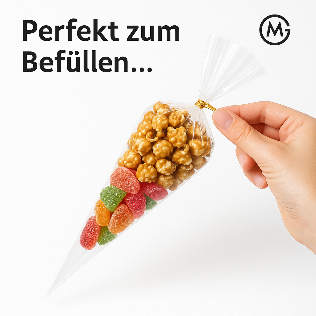 50 Stück transparente Kegelbeutel Süßigkeiten Popcorn Party DE.