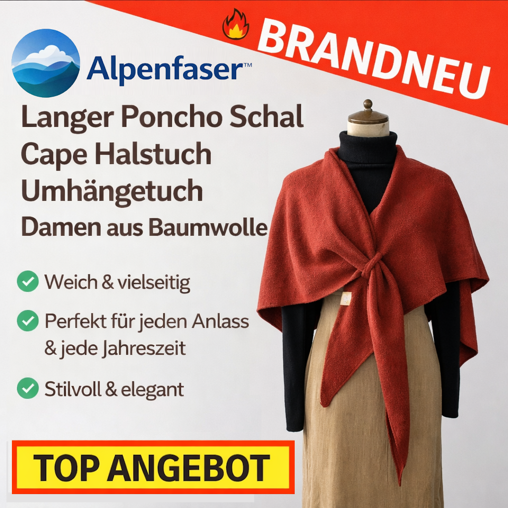 Alpenfaser™ Langer Poncho Schal Cape Halstuch Umhängetuch Damen aus Baumwolle