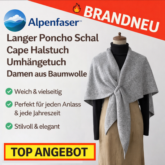 Alpenfaser™ Langer Poncho Schal Cape Halstuch Umhängetuch Damen aus Baumwolle