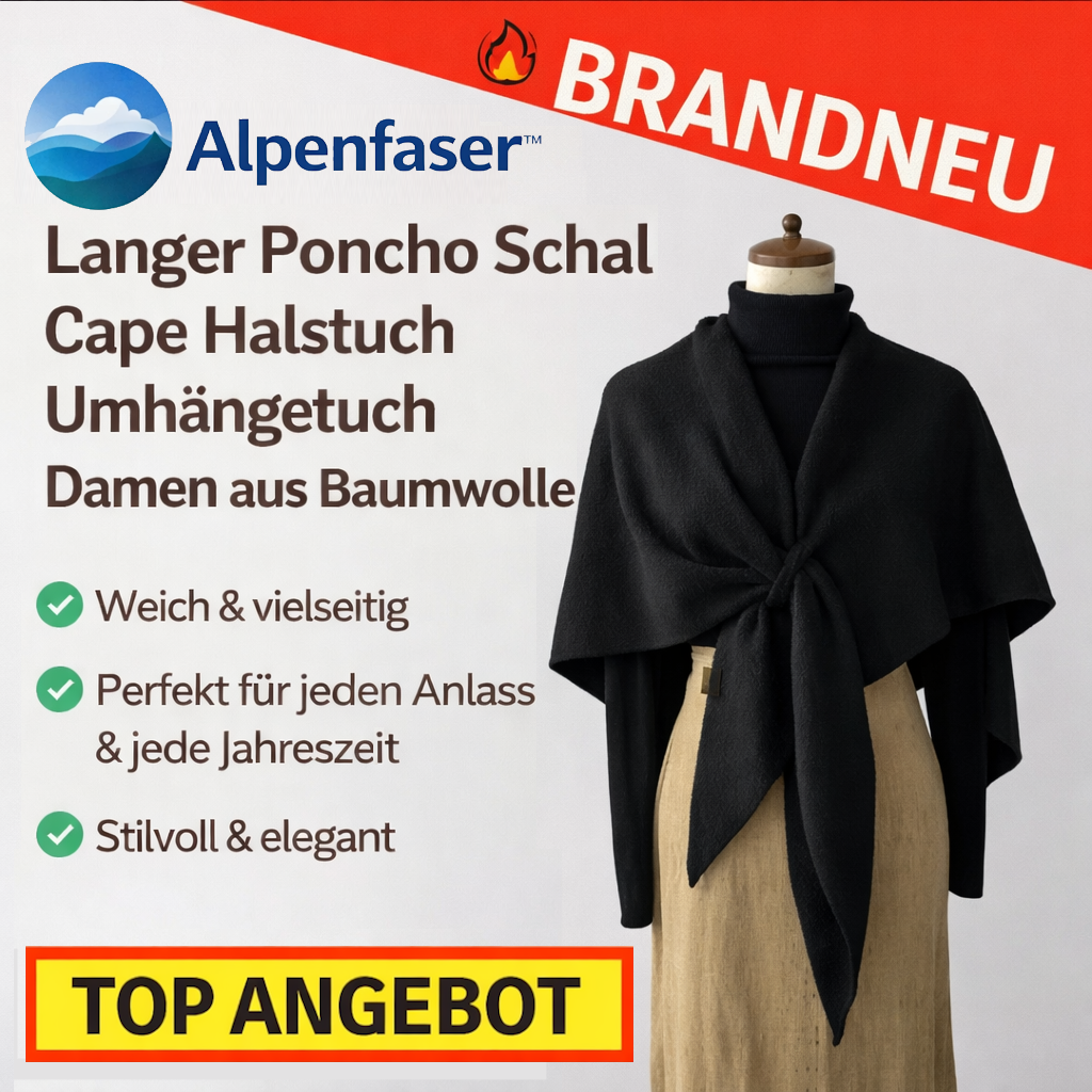Alpenfaser™ Langer Poncho Schal Cape Halstuch Umhängetuch Damen aus Baumwolle