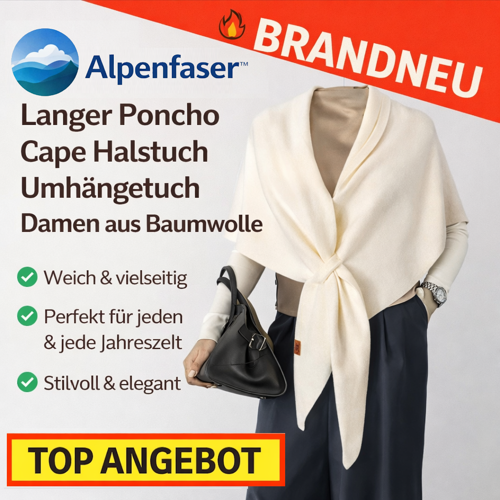 Alpenfaser™ Langer Poncho Schal Cape Halstuch Umhängetuch Damen aus Baumwolle