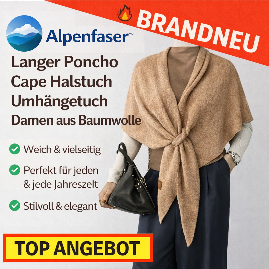 Alpenfaser™ Langer Poncho Schal Cape Halstuch Umhängetuch Damen aus Baumwolle