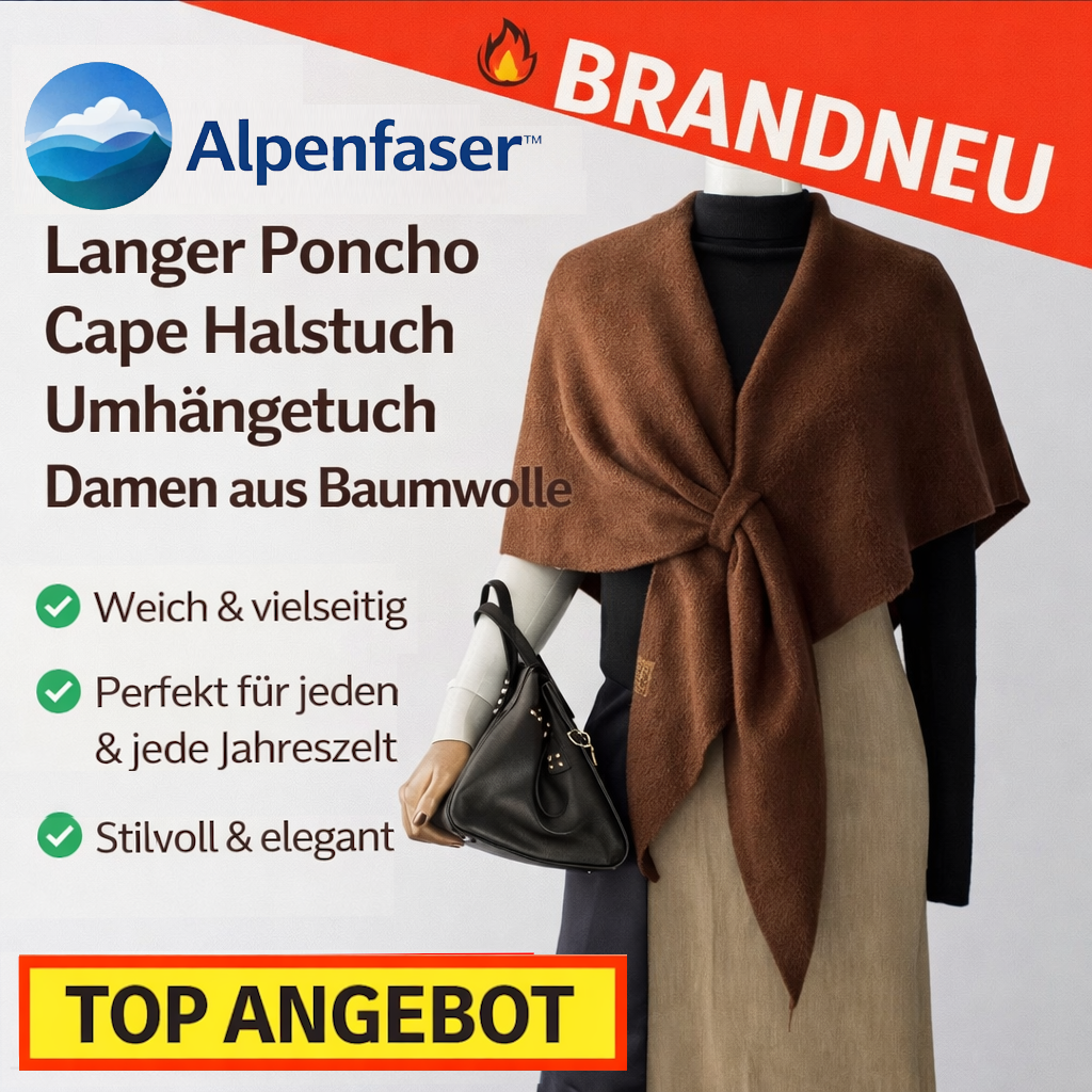 Alpenfaser™ Langer Poncho Schal Cape Halstuch Umhängetuch Damen aus Baumwolle