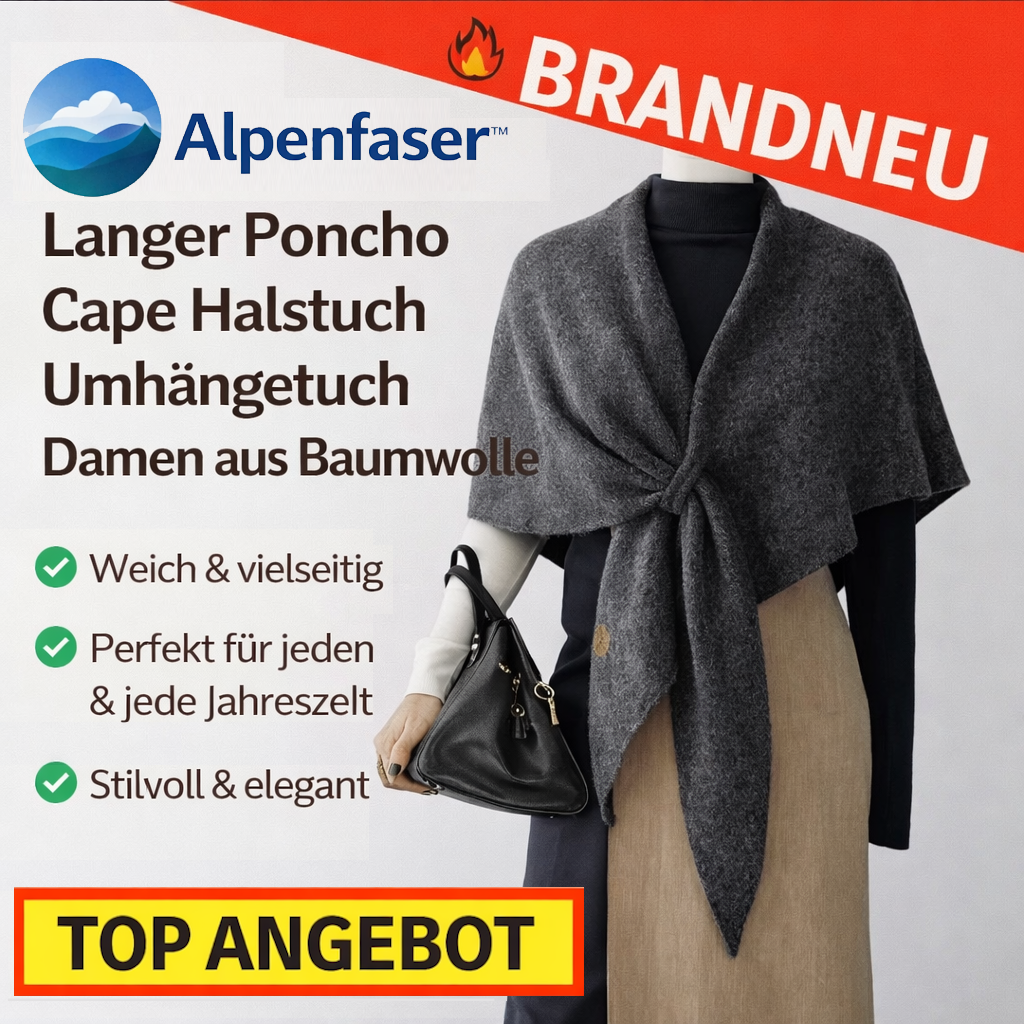 Alpenfaser™ Langer Poncho Schal Cape Halstuch Umhängetuch Damen aus Baumwolle