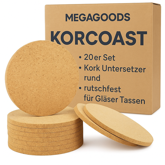 20er Set Kork Untersetzer rund rutschfest für Gläser Tassen DE.