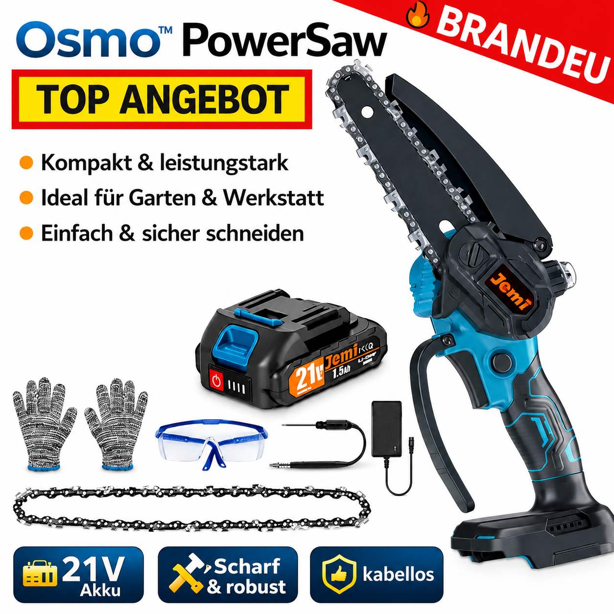 Osmo™ PowerSaw Akku Kettensäge Mini Elektro Handkettensäge Motorsäge Profi Set