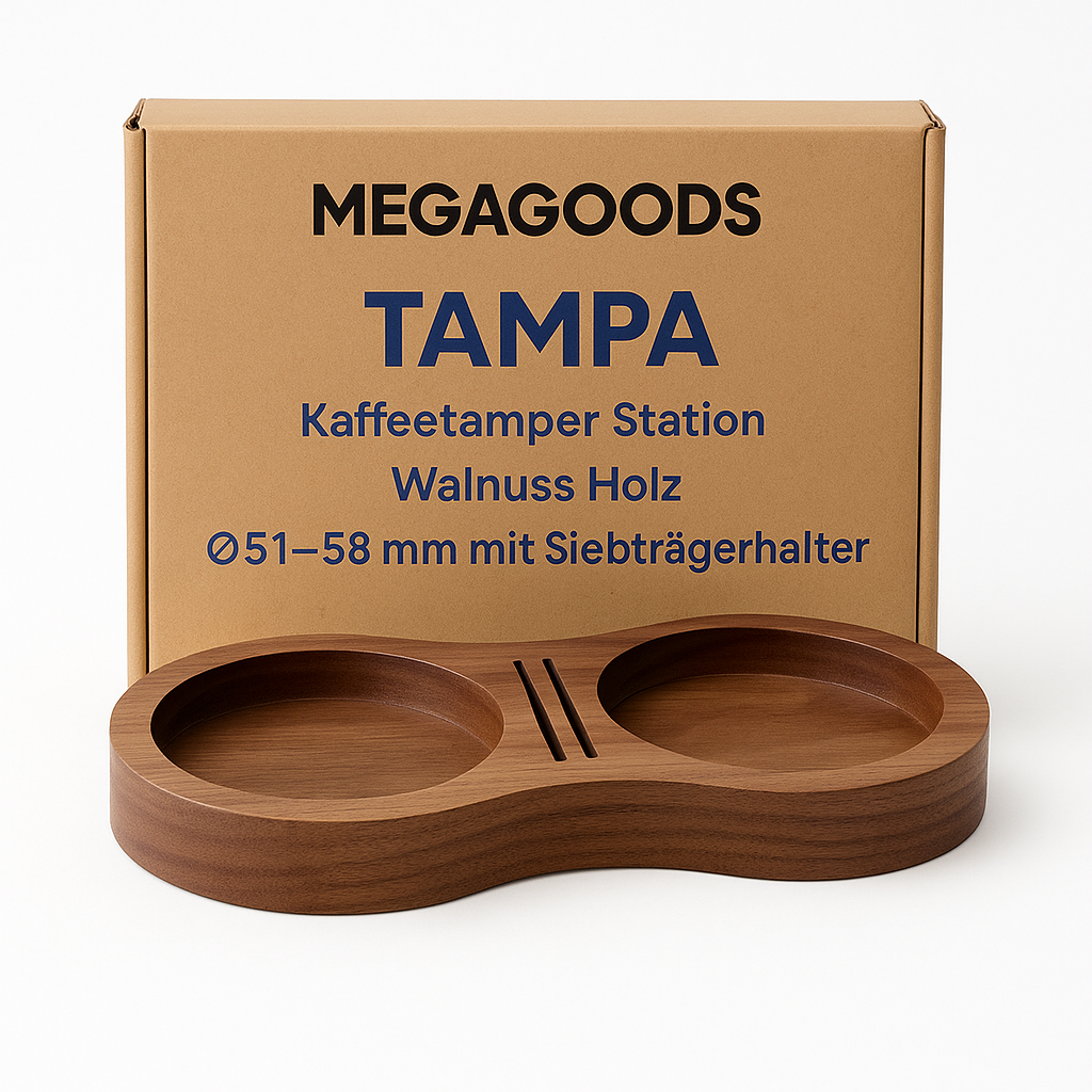 Kaffeetamper Station Walnuss Holz Ø51–58 mm mit Siebträgerhalter DE.