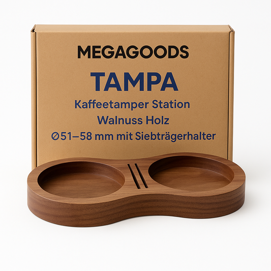 Kaffeetamper Station Walnuss Holz Ø51–58 mm mit Siebträgerhalter DE.
