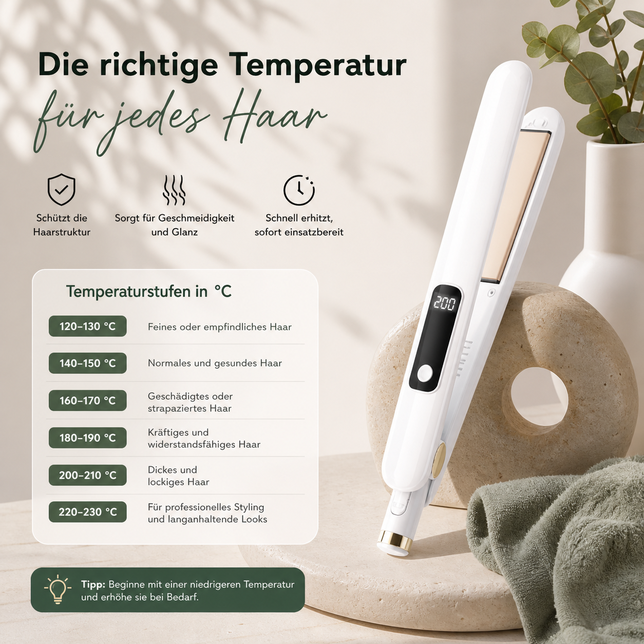 Oryzom™ FlowPro Glätteisen Ionen Haarglätter Lockenstab Keramik mit Display 360°