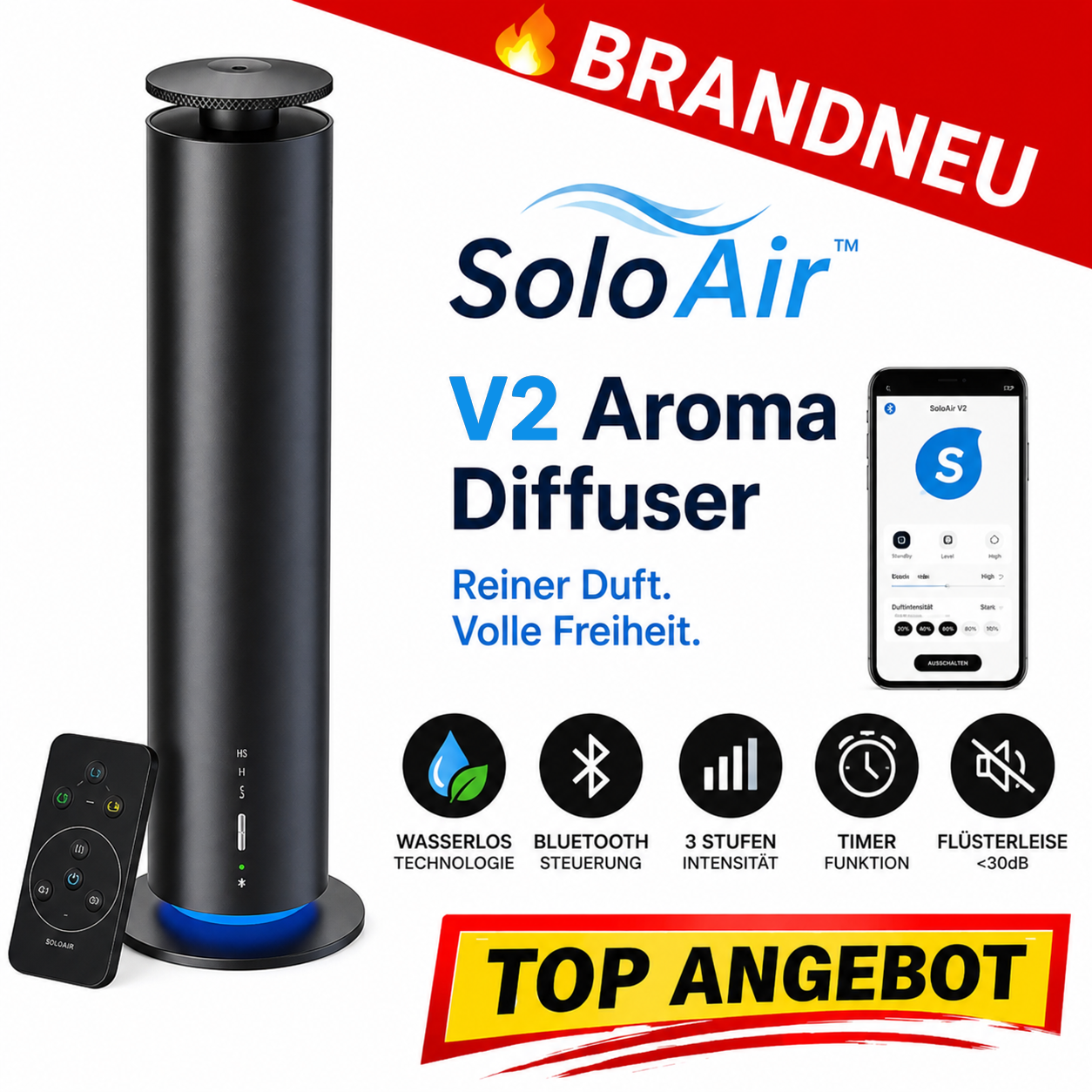 SoloAir™ V2 Aroma Diffuser Wasserlos Bluetooth Fernbedienung Smart Duft Pro