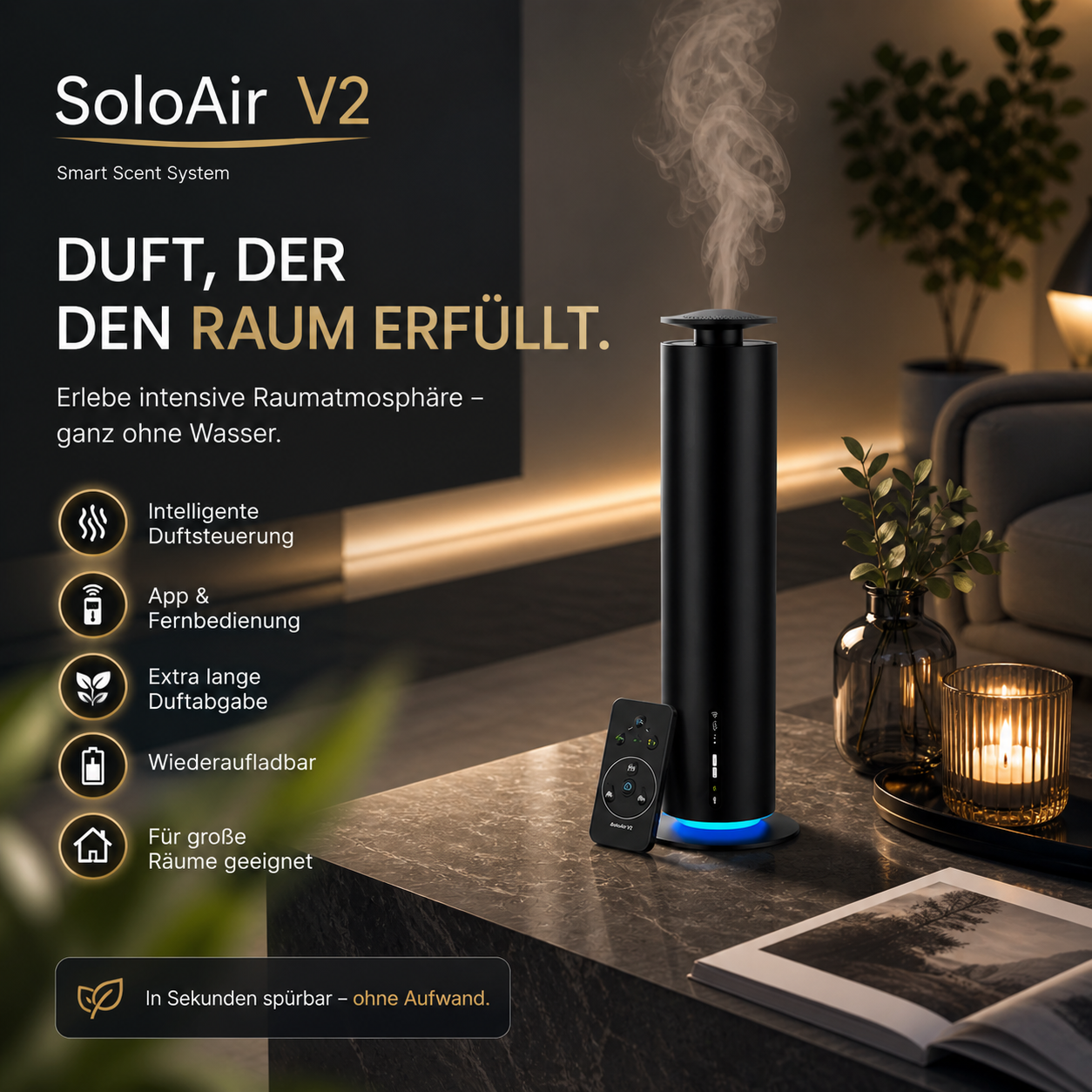 SoloAir™ V2 Aroma Diffuser Wasserlos Bluetooth Fernbedienung Smart Duft Pro